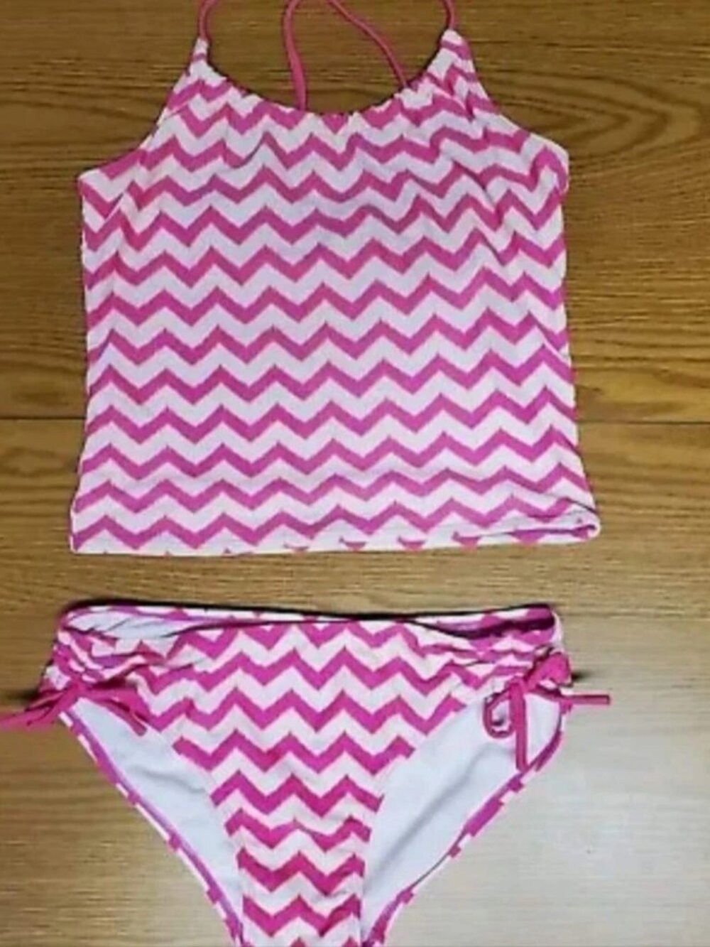 GAP KIDS Girl Swim Suit 2 Piece Chevron Design Pink & White Size XL